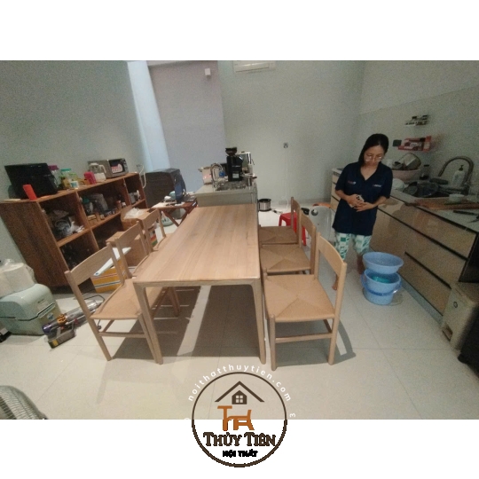 Bộ bàn neva ghế chân tiện đan dây CH36 sơn màu mộc gỗ ash cao cấp theo yêu cầu khách
